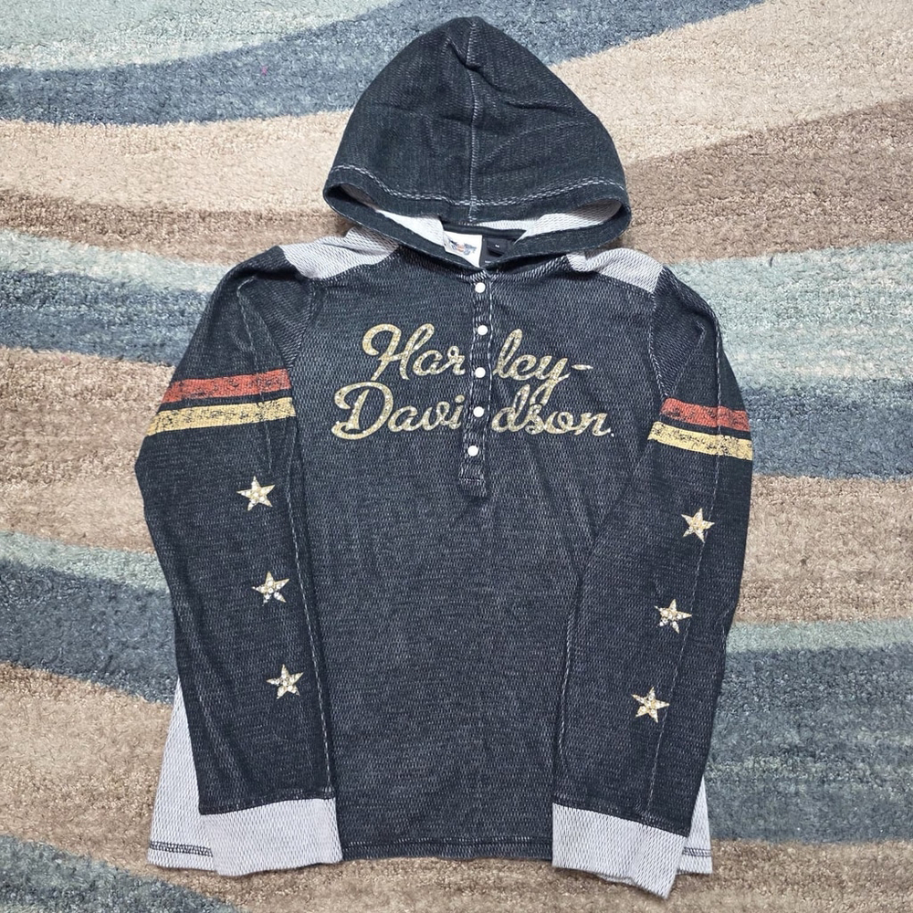 Harley-Davidson Rhinestone Hoodie Womens M Stars Embellished Graphic Henley Top